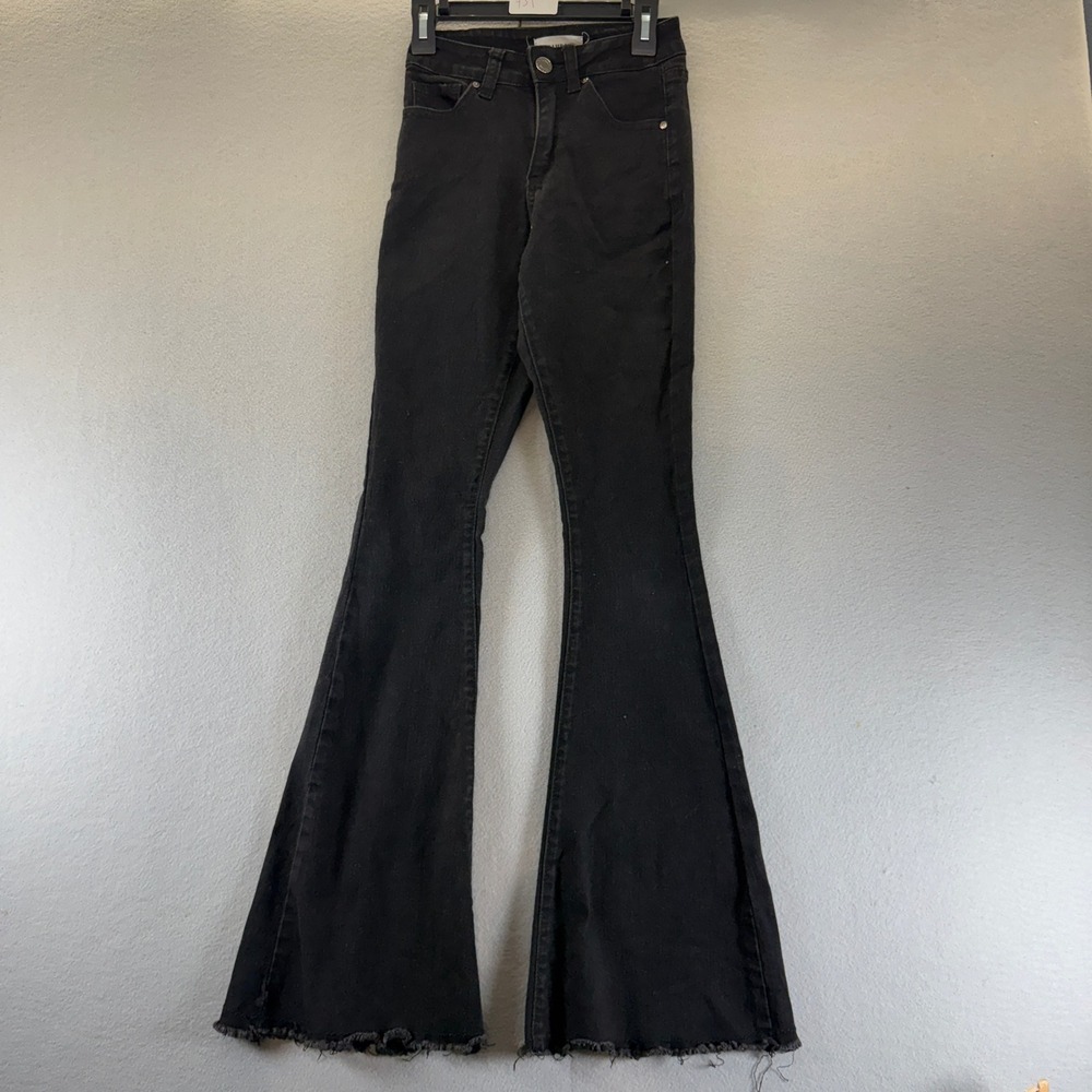 Y2k‎ 2000s Bamboo Jeans Womens Size 00 Black High Waisted Flare Bell Bottom Hem